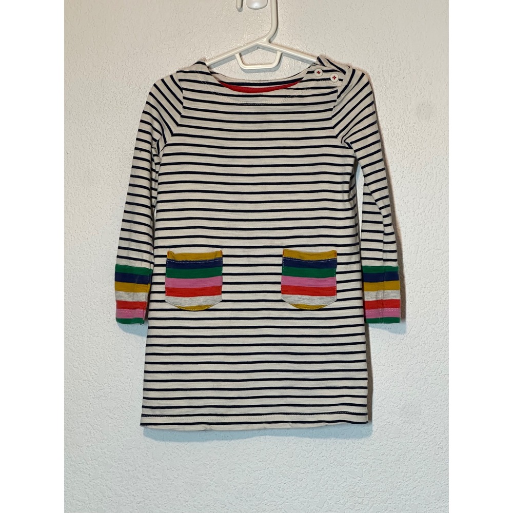 Mini Boden Girls‎ Navy White Striped Rainbow Pocket Dress Long Sleeve 2-3Y 98cm